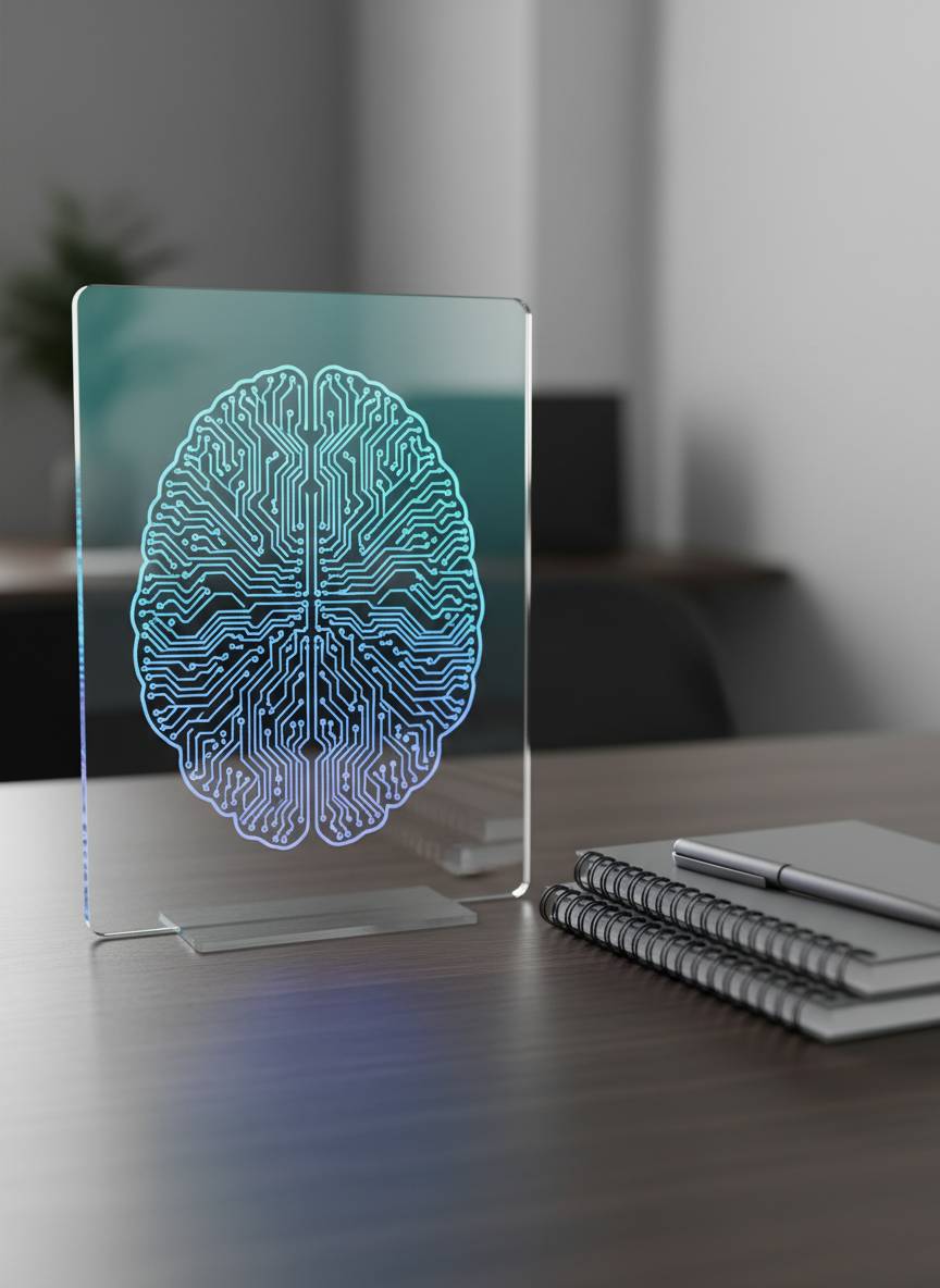 A close-up of a transparent acrylic panel etched with intricate circuit patterns forming the outline of a stylized brain, illuminated from behind by soft, gradient hues of blue, teal, and violet. The panel stands upright on a dark wooden surface with a subtle grain, beside a neat stack of metallic-gray notebooks and a minimalist pen. Gentle side lighting from an unseen desk lamp creates delicate highlights on the etched lines and soft shadows on the table. Photographic realism, captured from a slightly elevated angle with shallow depth of field, leaving the background softly blurred. The atmosphere is thoughtful and innovative, evoking the intelligence and interconnectedness of modern AI systems in a clean, professional context.