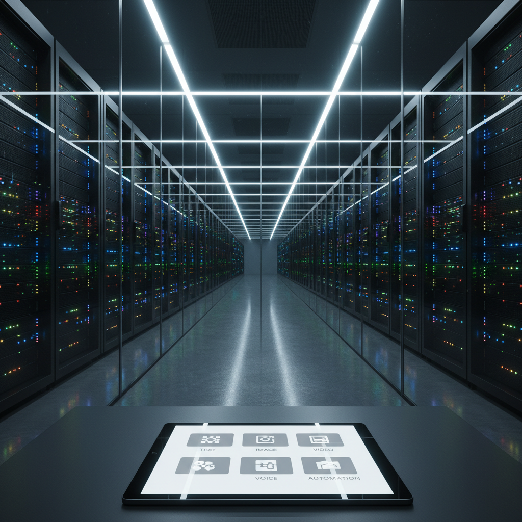 A glass-walled, ultra-modern server room filled with neatly arranged black server racks, each accented with tiny, multicolored LED indicators forming rhythmic patterns of light. In the foreground, a smooth, dark workstation holds a tablet displaying an organized grid of AI categories labeled for text, image, video, voice, and automation. Cool, overhead LED lighting reflects subtly off polished floors, creating crisp lines and clear reflections. The mood is highly professional and precise, emphasizing reliability and advanced infrastructure. Photographic realism, captured from a slightly low angle with sharp focus throughout, highlighting depth and symmetry, symbolizing the powerful backbone that supports artificial intelligence platforms and tools.